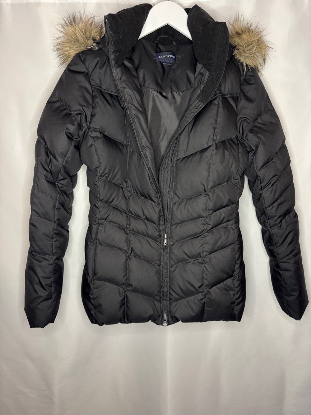 Lands' End Women's Black Quilted Down-Style Puffer with Faux Fur Hood Trim